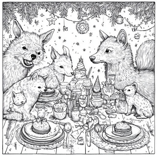 New Year's Eve party with animals celebrating, Teagan White style