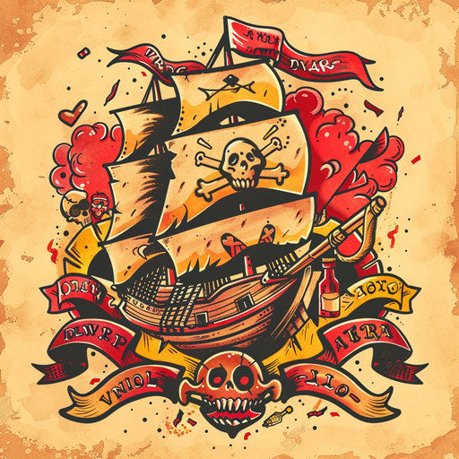 Festive banners and rum bottles on Jolly Roger