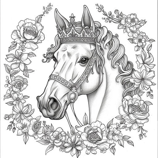 Whimsical horse crowned and adorned with flowers
