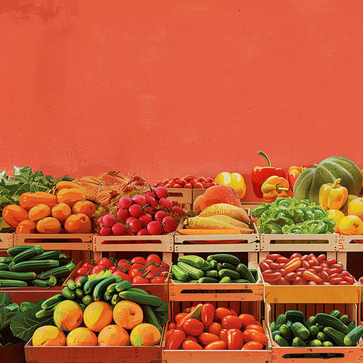 Realistic market illustration on a flat, vibrant coral background