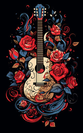Guitar and roses: abstract illustration in the style of classic tattoo motifs