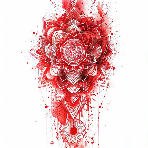 Bright red Root Chakra tattoo design, intricate geometric patterns on pure white background