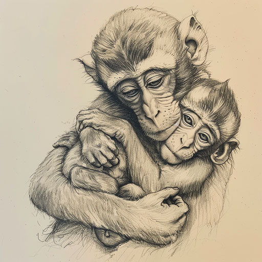 Artwork of a baby monkey cuddling with its mother, soft and tender tattoo design on a white paper background