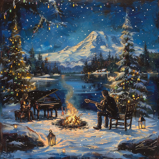 Musicians playing guitars and pianos near a campfire in the snowy woods with Christmas decorations by a lake with Mount Rainier in the distance during winter