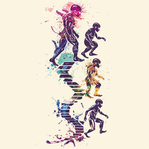 Whimsical flat tattoo sketch depicting human evolution with colorful splashes