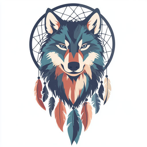 Men's wolf tattoos with dreamcatcher, clipart style