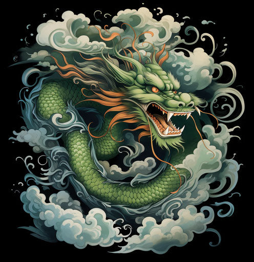 Japanese dragon on smoke clouds, bold and caricature-like style