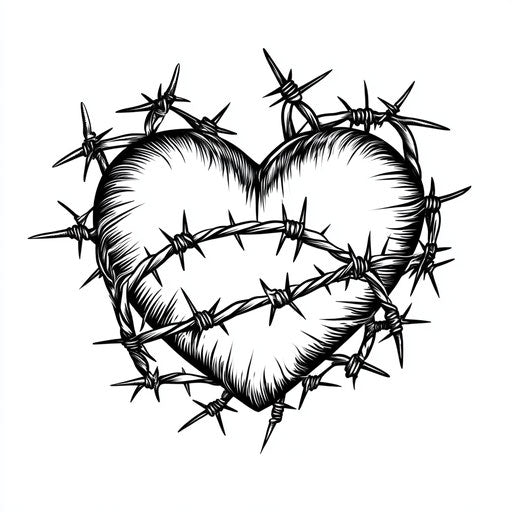 Heartless intertwined with barbed wire, black ink tattoo