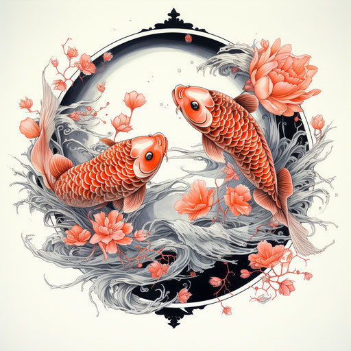 Koi and flower dragons for coloring, Song dynasty style, minimalist ink drawings, foreshortening techniques, kintsukuroi, animals depiction