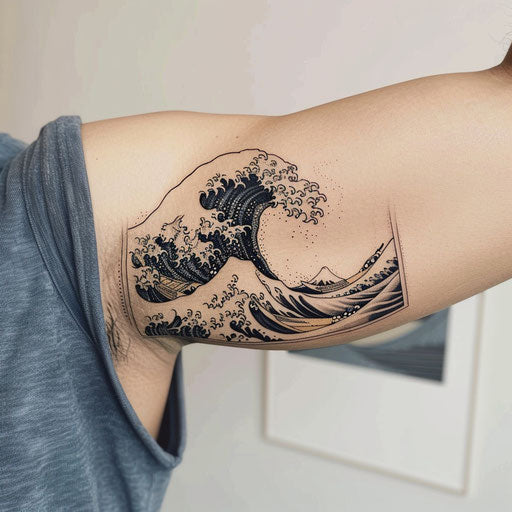 Minimalist wave tattoo, Steve Sack style, on the bicep