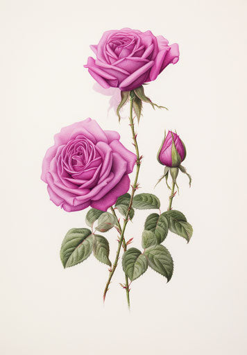 Embroidered roses with leaf, naïve drawing style, magenta, high realism