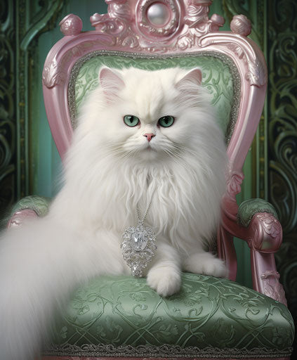 White Persian cat on a bench with green eyes, elaborate style