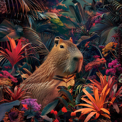 Capybara among vibrant jungle foliage