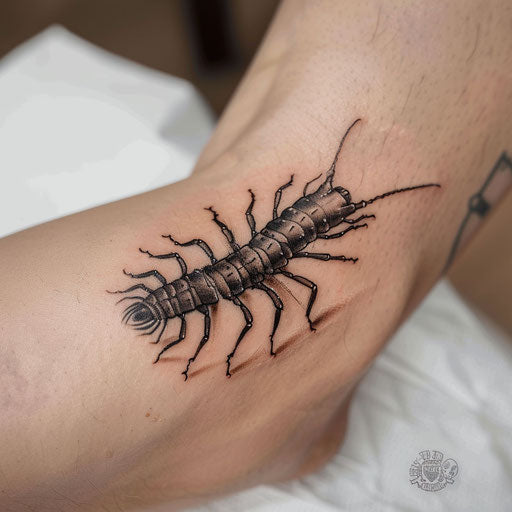 Hyper-realistic centipede tattoo with shadows and highlights, on a white background.