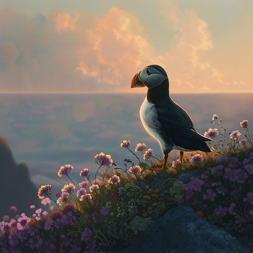 Puffin in a tranquil, early morning scene
