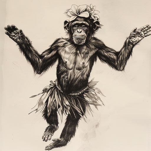 Drawing of a dancing monkey in a hula skirt, tropical and festive tattoo design on white paper