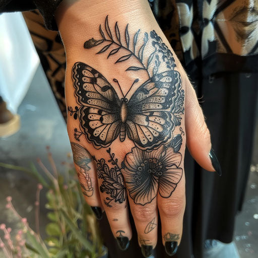 Butterfly tattoo with botanical details