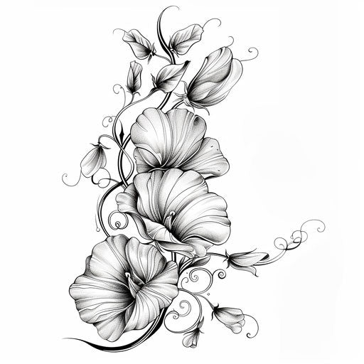 Artistic sketch of a sweet pea with swirling vines in a bold clipart style