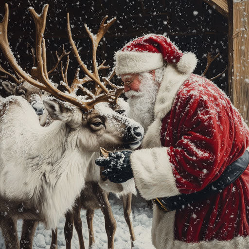 Santa Claus feeding his reindeer in a snowy barn