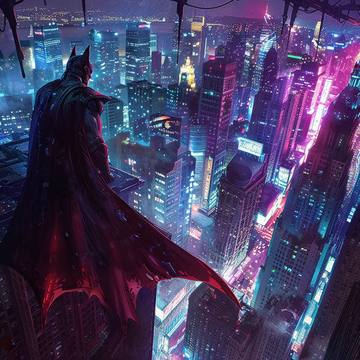 Bat superhero looks over neon-lit metropolis