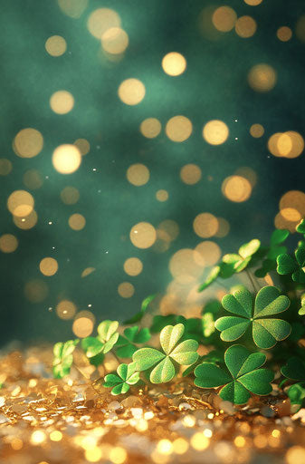 Green 3D Shamrocks on Gold Bokeh Background, Digital Art with Glitter Effect