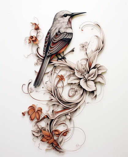 Bird tattoo design in style of vines and glass sculptures on round canvas