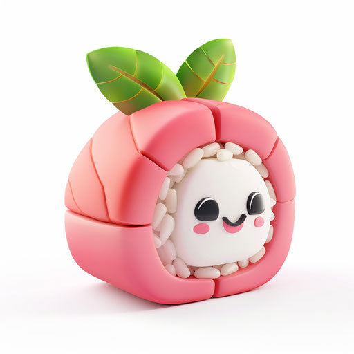 Pink sushi roll icon, 3D rendering, green decoration
