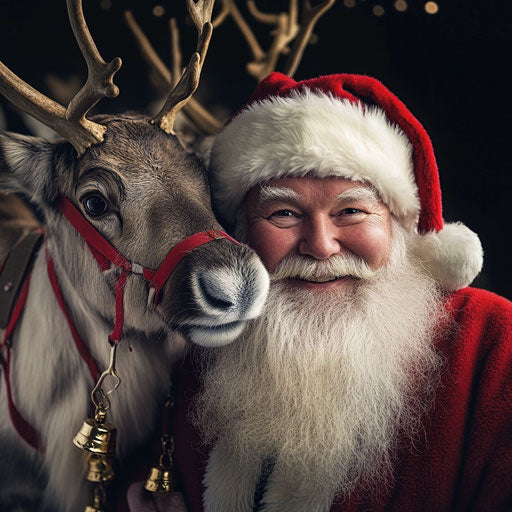 Santa Claus sharing a warm smile with his reindeer, each adorned with festive bells and red harnesses.