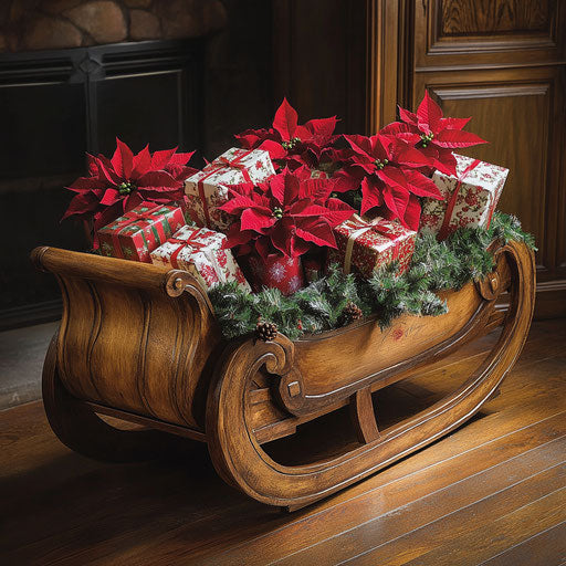 Vintage sleigh filled with poinsettias and wrapped gifts, ready for festive display.