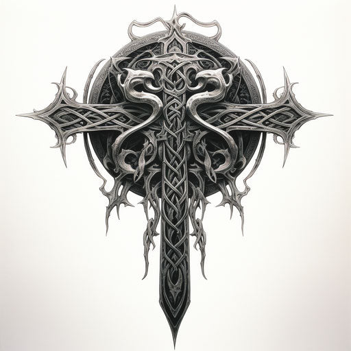 Celtic dragon cross tattoo, dark fantasy creature style
