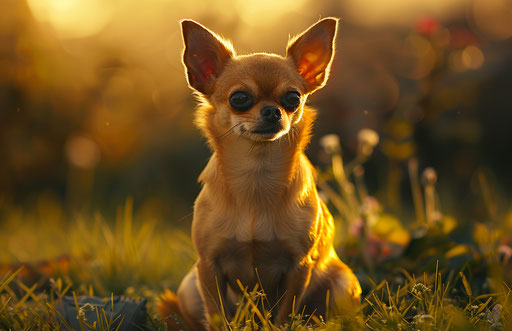 Chihuahua sitting on grass in summer, hyper-realistic style