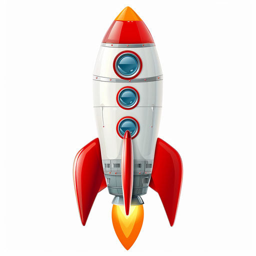 Realistic rocket illustration on flat white background, bright colors and smooth finishes