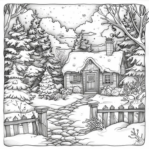 Cozy winter relaxation, Jan Brett style, Coloring page