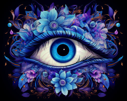 Blue and purple eye, symbol with floral swirl, abstract flower pattern