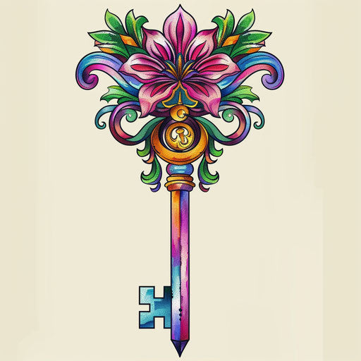 Vibrant and colorful sketch of vintage key in clipart style