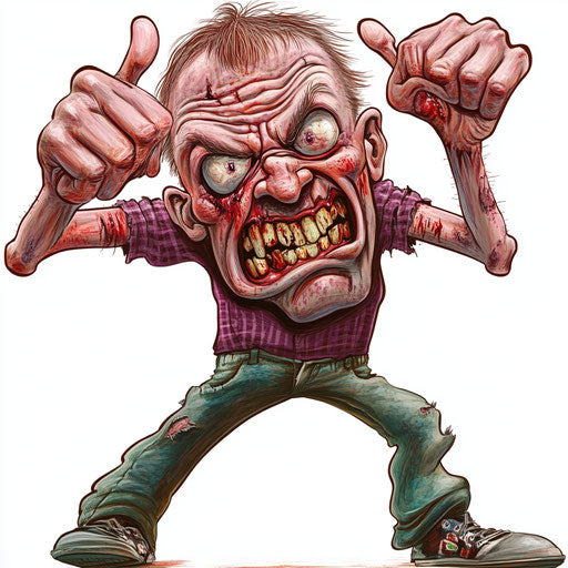 Humorous caricature of a zombie with human characteristics