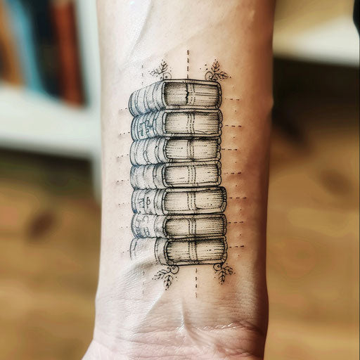 Rustic flat tattoo sketch of a micro realism leather-bound book spine