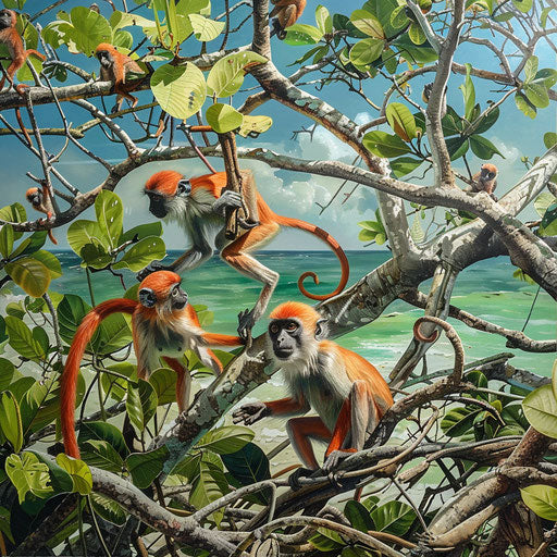 Playful red monkeys in a mangrove forest