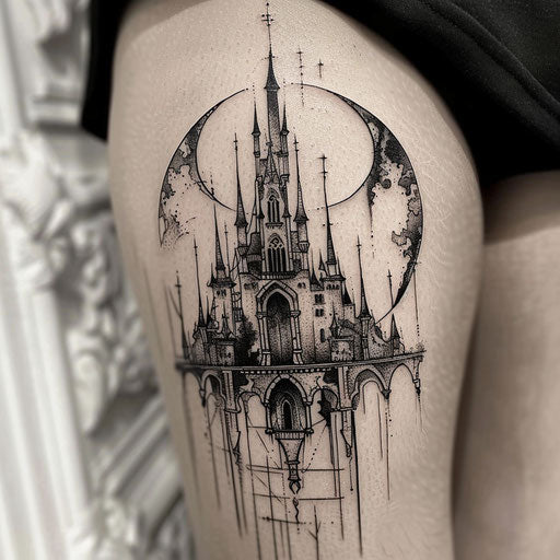 Gothic castle outlined tattoo, Gerald Brom style