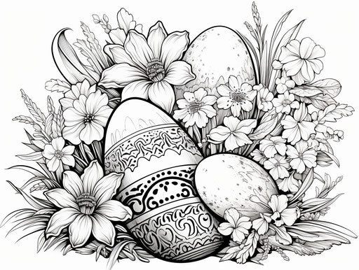 Easter coloring page with eggs and flowers, heavy inking style