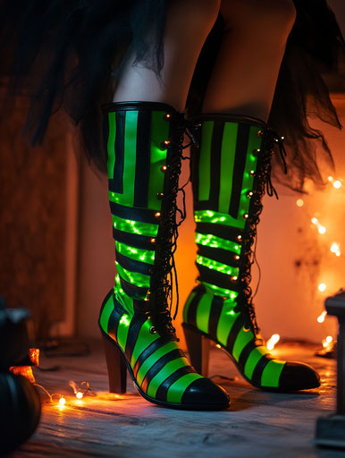 Striped green witchy tall boots with LED lights