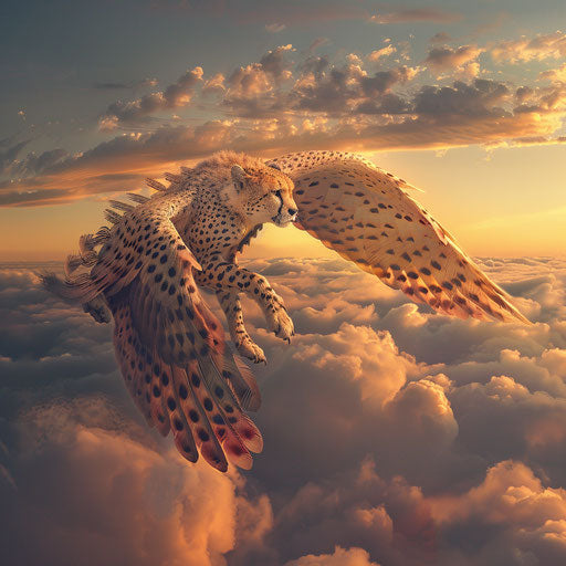 Winged cheetah soaring above the clouds at dawn