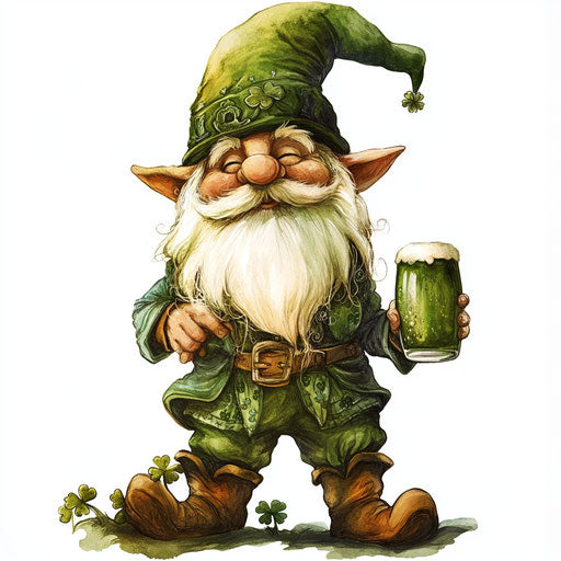 St Patrick's Day Gnome with green beer, clipart white