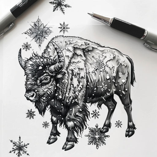 Flat tattoo sketch of a bison in a winter theme
