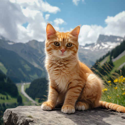 orange cat sitting in front of mountain scenery