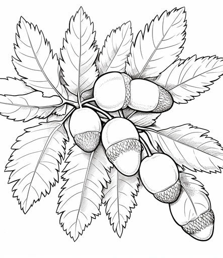 Acorns Coloring Page | Free coloring pages, graphic black outlines style, New Yorker cartoons, Claes Oldenburg, Cicely Mary Barker, light maroon and yellow, Laurel Burch, white and gray 19:22