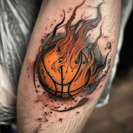 Sports-inspired fire tattoo, a basketball engulfed in flames