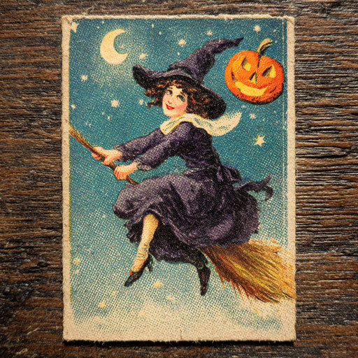 Whimsical young witch flying under a starry sky