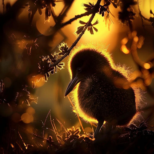 Kiwi bird illuminated by the soft glow of dawn
