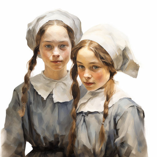 Sister portrait in Oil painting style, on white background